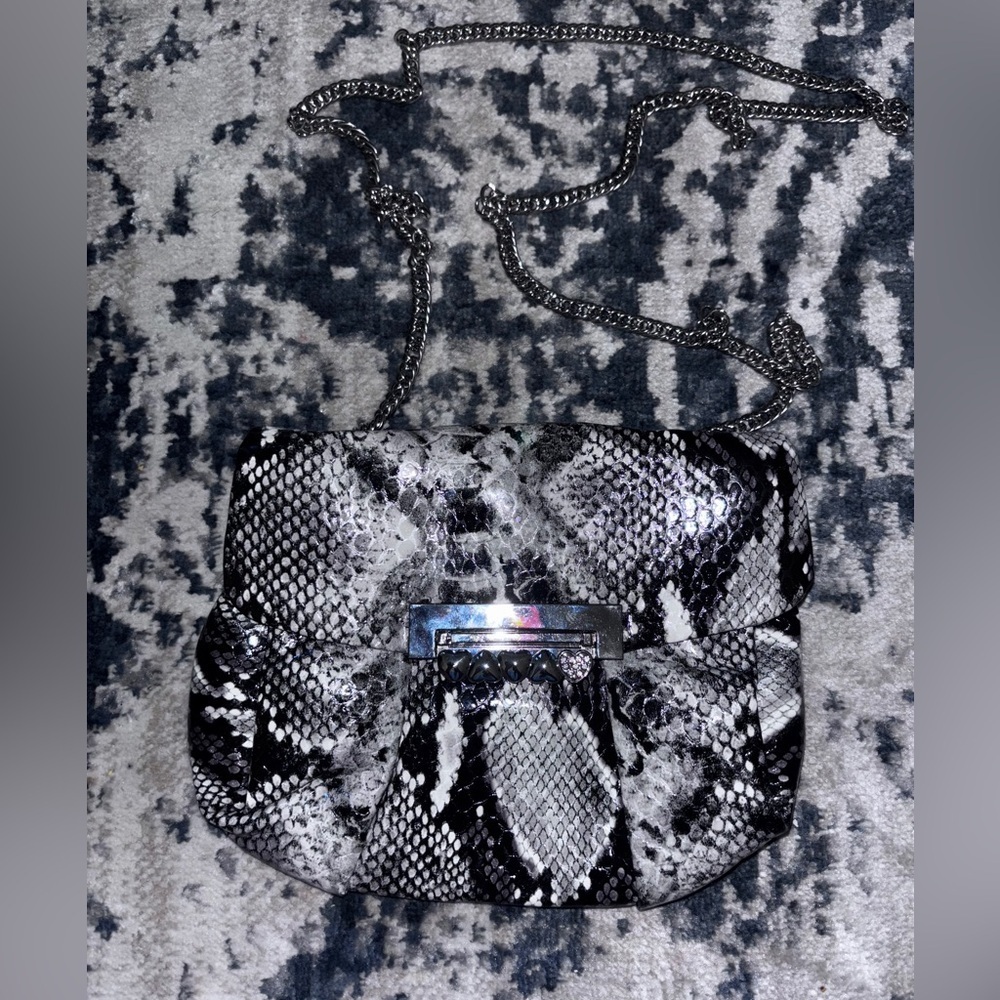 Charming Charlies Faux Snakeskin Chain Shoulder Bag Gray Black Silver Hardware